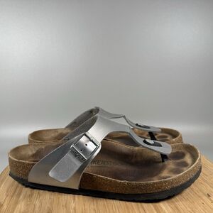 Birkenstock Womens Gizeh Sz 41 US 10 Birko-Flor Silver Leather‎ Sandals